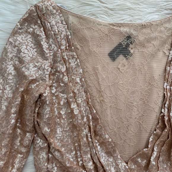 Tadashi Shoji Champagne Gold Sequin Long Sleeve Evening Dress Gown - Picture 12 of 15